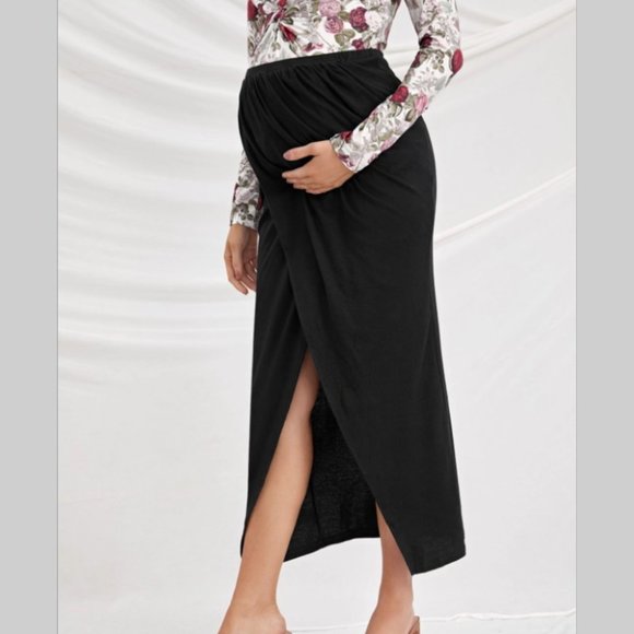 NWT Maternity skirt black long elastic waist wrap work occasional with split - Picture 5 of 6